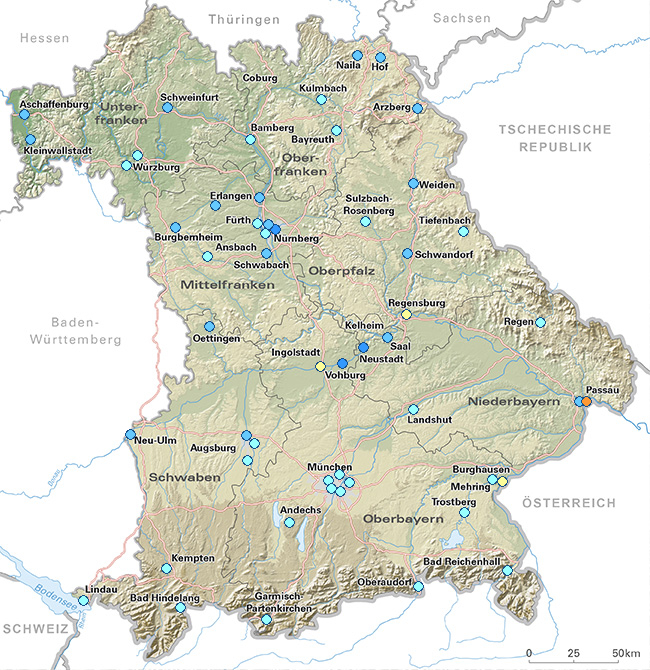 Karte der bayerischen Luftmessstationen