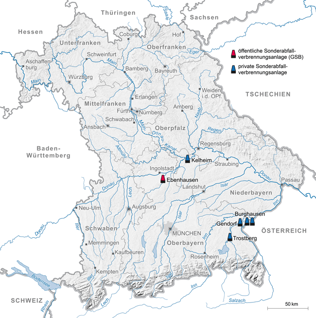 Bayernkarte mit den Sonderverbrennungsanlagen