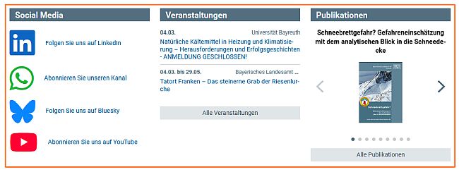 Die Bereiche Social Media (LinkedIn, WhatsApp und Bluesky), Veranstaltungen, Publikationen. Die Bereiche Social Media (LinkedIn, WhatsApp und Bluesky), Veranstaltungen, Publikationen.