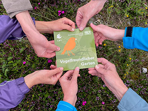 Viele Hände greifen eine Plakette der Auszeichnung Vogelfreundlicher Garten