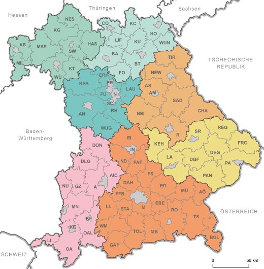 Bayernkarte mit Landkreisgrenzen