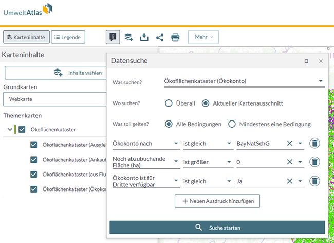 Screenshot der Eingabemaske 'Datensuche' im Umweltatlas