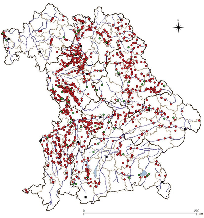 Karte von Bayern mit eingetragenen Brutnachweisen und Neuansieldungen aus dem Jahr 2023. Neuansiedlungen oder Wiederbesiedlungen fanden überwiegend in Schwaben und Mittelfranken statt, was der europäischen Gesamtlage entspricht, hier steigt ebenfalls die Westpopulation deutlich stärker an als die Ostpopulation. Vermutlich finden die Westzieher, die überwiegend im Westen Bayerns brüten, sehr günstige Überwinterungsbedingungen (vor allem in Spanien), sodass sowohl Altstörche als auch Jungstörche vermehrt zurückkehren und die Verluste/Rückgänge wie in den 1980er auf den längeren Zugwegen nach Afrika Jahren heute wegfallen.