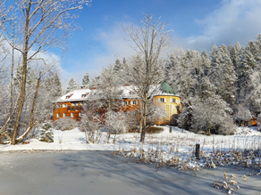 Vogelschutzwarte mit Weiher im Winter.