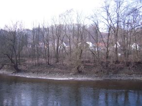 Uferböschung eines Flusses mit hartem Uferverbau durch Steinsatz und Gehölzen.