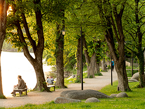 Ein uferbegleitender Weg ist gesäumt von großen Bäumen. Rechts schließt sich eine Grünfläche und ein Spielplatz an. Links des Weges sitzen mehrere Personen auf Bänken und Findlingen am Ufer der Isar.