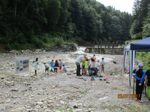 Bei einem Aktionstag zum Wildbachlehrpfad stehen viele Kinder mit Keschern am kiesigen Ufer eines Wildbachs. Ein Mann erklärt einer Gruppe von Kindern etwas. Am Bildrand ein Pavillon. Im Hintergrund eine Sperre mit Wildholzrechen davor.