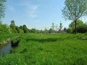 Ein Bach fließt durch eine Wiesenfläche. Neben einem parallel zum Gewässer verlaufenden Geh- und Radweg befindet sich ein Kinderspielplatz mit Klettergerüst.
