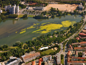 Luftaufnahme eines aufgestauten Flusses mit starker Algenbildung im städtischen Bereich.