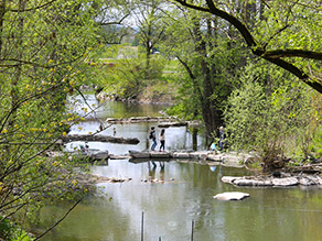 Ein schmaler Übergang aus Trittsteinen führt über einen Fluss von einem zum anderen Ufer. Mehrere Personen stehen auf den Steinen. Die Ufer sind mit Gehölzen dicht bewachsen.