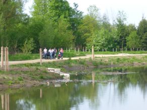 Vier Spaziergängerinnen mit Kinderwägen auf einem Gehweg am Ufer eines Flusses. Junge Bäume wurden am Wegesrand gepflanzt. Die Flussufer sind noch spärlich bewachsen.