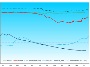 Die primäre y-Achse zeigt den Bodenwassergehalt in 50cm Tiefe, die sekundäre y-Achse zeigt den Grundwasserstand. Die x-Achse zeigt den Jahresverlauf über die Monate (Januar bis Dezember). Dabei zeigt die rote Linie den Jahresverlauf der Bodenwassergehalte über das Jahr 2018, die grüne Linie den Verlauf der Bodenwassergehalte über das Jahr 2017, die gestrichelte schwarze Linie den gemittelten Verlauf der Bodenwassergehalte der Jahre 2012 bis 2018. Die dunkelblaue Linie zeigt den jahreszeitlichen Verlauf des Grundwasserstandes 2018, die hellblaue Linie die des Jahres 2017. Die gestrichelte blaue Linie zeigt den mittleren Grundwasserstand der Jahre 2012 bis 2018.
