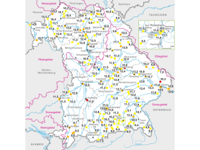 Bayernkarte mit den Wassertemperaturmessstellen an Fließgewässern und dem Jahresmittelwert 2023 in °C. Weitere Erläuterungen im obigen Text.