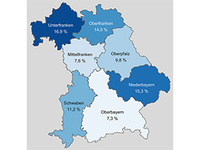 Bayernkarte mit den Flächen der sieben bayerischen Regierungsbezirke. Für alle Regierungsbezirke wurde die prozentuale Abweichung des Jahresniederschlages 2023 vom langjährigen Mittelwert 1971 bis 2000 errechnet und als Zahlenwert in die Fläche eingetragen. In allen Regierungsbezirken ist im Jahr 2023 statistisch zu viel Niederschlag gefallen. Den höchsten Niederschlagsüberschuss weist Unterfranken mit 16,9% auf, gefolgt von Niederbayern mit 15,3%, Oberfranken mit 14,0%, Schwaben mit 11,2%, Oberpfalz mit 9,8%, Mittelfranken mit 7,6% und Oberbayern mit 7,3%.