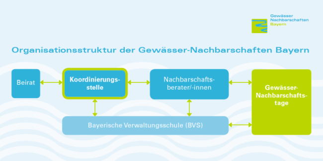 Organisationsstruktur der Gewässer-Nachbarschaften Bayern mit Koordinierungsstelle und Nachbarschaftsberater/-innen, Bayerischer Verwaltungsschule, Gewässer-Nachbarschaftstagen und Beirat.