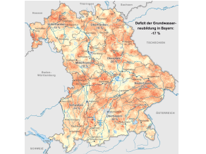 Durch den Vergleich der Grundwasserneubildung des Referenzzeitraums 1971 bis 2000 mit der des Zeitraums 2011 bis 2020 ist ersichtlich, dass die defizitäre Grundwasserneubildung in Bayern ungleich verteilt ist.