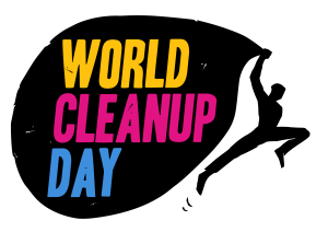 Logo des World Cleanup Day mit stilisierter Zeichnung einer Person, die einen großen Sack mit dem Schriftzug trägt.