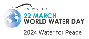 Logo: eine stilisierte Erde und daneben Text zum World Water Day 2024 am 22. März mit Schriftzug unter dem Motto 'Water for Peace' ('Wasser für Frieden').