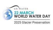 Logo des World Water Day 2025 am 22. März mit stilisierter Erde und daneben der Schriftzug "UN Water 22 March World Water Day" unter dem Motto "2025 Glacier Preservation" ("Erhalt der Gletscher")